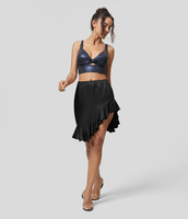 Halara - Einfarbiger,  satinartiger Mini-Party-Rock mit mittelhohem elastischem Bund und asymmetrischer Rüschensaum - Schwarz - M(regular)