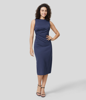 Halara - Einfarbiges,  ärmelloses,  gerafftes Midi-Freizeitkleid mit Rundhalsausschnitt und Schlitz - Marine - S