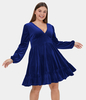 Halara - Plus-Size Gemütliches Samtkleid mit tiefem V-Ausschnitt und Rüschensaum für den Ausschnitt - Midnight Ocean - 2X
