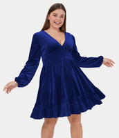Halara - Plus-Size Gemütliches Samtkleid mit tiefem V-Ausschnitt und Rüschensaum für den Ausschnitt - Midnight Ocean - 2X