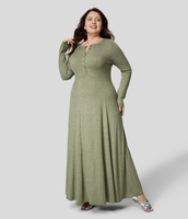 Halara - Plus-Size Langärmliges Flare-Maxikleid mit Rundhalsausschnitt und Knöpfen - Light Green Floral Yarn - 2X