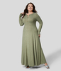Halara - Plus-Size Langärmliges Flare-Maxikleid mit Rundhalsausschnitt und Knöpfen - Light Green Floral Yarn - 3X