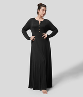Halara - Plus-Size Langärmliges Flare-Maxikleid mit Rundhalsausschnitt und Knöpfen - Schwarz - 1X