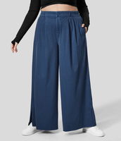 Halara - Plus-Size Weite Hose mit hohem Bund,  Knopf,  Reißverschluss,  Seitentaschen und Schlitz am Saum - Indigo Blue Denim - 2X(regular)
