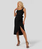Halara - Quadratischer Ausschnitt,  rückenfreies,  geschnürtes Midi-Freizeit-Wickelkleid - Schwarz - L