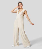 Halara - Rückenfreier Overall mit geripptem V-Ausschnitt,  Seitentasche und weitem Bein - Whisper White - M(regular)