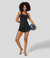 Halara - Rückenfreier,  verdrehter 2-in-1 Yoga-Jumpsuit mit quadratischem Ausschnitt in Tropfenform,  Rücken- und Seitentaschen - Schwarz - XL