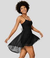 Halara - Rückenfreies 2-in-1-Flowy-Mini-Freizeitkleid mit Kontrastmech,  Schnürung,  verstellbarem Spaghettiträger und Seitentaschen - Schwarz - S