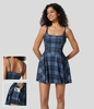 Halara - Rückenfreies,  2-teiliges,  kariertes,  ausgestelltes Mini-Trägerkleid mit U-Ausschnitt und Seitentaschen - Dark Blue Plaid - L