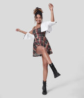 Halara - Rückenfreies,  2-teiliges,  kariertes,  ausgestelltes Mini-Trägerkleid mit U-Ausschnitt und Seitentaschen - Volcanic Red Lattice - M