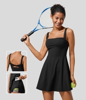 Halara - Rückenfreies,  ausgeschnittenes 2-in-1-Mini-Tenniskleid mit quadratischem Ausschnitt und Seitentaschen,  schnell trocknend - Schwarz - L