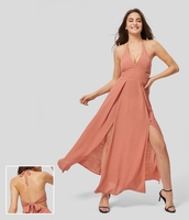 Halara - Rückenfreies,  ausgeschnittenes Flowy-Maxi-Kleid mit tiefem V-Ausschnitt,  Neckholder,  Bindeband und Schlitz - Rising Sun Orange - S