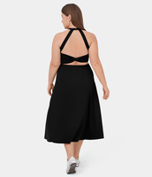 Halara - Rückenfreies,  ausgeschnittenes Midi-Freizeitkleid mit verdrehten Seitentaschen in Großgröße - Schwarz - 1X