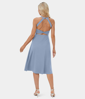 Halara - Rückenfreies,  ausgeschnittenes,  verdrehtes Midi-Freizeitkleid mit Seitentaschen - Light Grey Blue - M