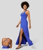 Halara - Rückenfreies,  überkreuztes Flowy-Maxi-Freizeitkleid mit V-Ausschnitt und Schlitz - Aster Blue - L