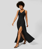 Halara - Rückenfreies,  überkreuztes Flowy-Maxi-Freizeitkleid mit V-Ausschnitt und Schlitz - Schwarz - XS