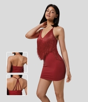 Halara - Rückenfreies,  figurbetontes,  gerüschtes Slip-Resort-Minikleid mit Neckholder,  abnehmbaren Riemen und Fransen - Emboldened - XL