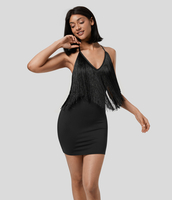 Halara - Rückenfreies,  figurbetontes,  gerüschtes Slip-Resort-Minikleid mit Neckholder,  abnehmbaren Riemen und Fransen - Schwarz - S