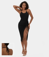 Halara - Rückenfreies,  gerafftes,  figurbetontes Midi-Freizeitkleid im Rippenstrick,  mit Kordelzug,  Neckholder,  Schnürung und geteiltem Saum - Schwarz - M