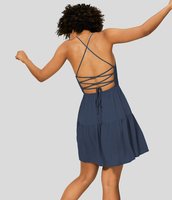 Halara - Rückenfreies,  gerafftes Flowy-Mini-Freizeitkleid mit verstellbaren Trägern und Schnürung - Dark Night Blue - M