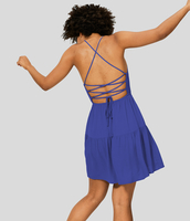 Halara - Rückenfreies,  gerafftes Flowy-Mini-Freizeitkleid mit verstellbaren Trägern und Schnürung - Royal Blue - XS