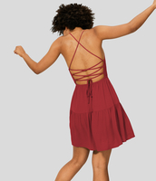 Halara - Rückenfreies,  gerafftes Flowy-Mini-Freizeitkleid mit verstellbaren Trägern und Schnürung - Savvy Red - M