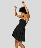 Halara - Rückenfreies,  gerafftes Flowy-Mini-Freizeitkleid mit verstellbaren Trägern und Schnürung - Schwarz - L