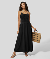 Halara - Rückenfreies,  gerafftes,  lässiges Maxi-Flowy-Trägerkleid - Schwarz - M