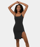 Halara - Rückenfreies Korsett,  geteiltes,  figurbetontes Midi-Freizeitkleid mit Spaghetti-Träger mit quadratischem Ausschnitt - Schwarz - XS