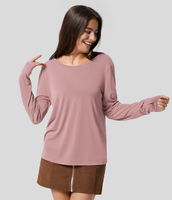 Halara - Rückenfreies,  langärmliges,  einfarbiges Yoga-Sport-Top mit Rundhalsausschnitt,  Daumenloch und Schnürung am Rücken - Pale Mauve - S