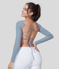 Halara - Rückenfreies,  langärmliges,  kurz geschnittenes Yoga-Sportoberteil mit abgerundetem Saum und Schnürung - Snowflake Blue - XL