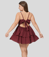 Halara - Rückenfreies,  lässiger Flowy-Mini-Baumwollkleid in Großgröße mit verstellbaren Trägen,  Rückenband und gestuftem Rüschen - Pomegranate - 2X