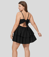 Halara - Rückenfreies,  lässiger Flowy-Mini-Baumwollkleid in Großgröße mit verstellbaren Trägen,  Rückenband und gestuftem Rüschen - Schwarz - 3X