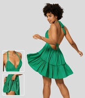 Halara - Rückenfreies,  lässiges 2-in-1-Flowy-Minikleid mit Neckholder,  Schnürung,  plissiertem Rüschen und Rüschensaum - Parakeet - L