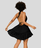 Halara - Rückenfreies,  lässiges 2-in-1-Flowy-Minikleid mit Neckholder,  Schnürung,  plissiertem Rüschen und Rüschensaum - Schwarz - S