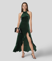 Halara - Rückenfreies Maxi-Partykleid aus Samt mit Schlitz,  Neckholder,  unsichtbarem Reißverschluss und Rüschensaum - Mossy Forest - XL