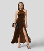 Halara - Rückenfreies Maxi-Partykleid aus Samt mit Schlitz,  Neckholder,  unsichtbarem Reißverschluss und Rüschensaum - Patina Brown - XS