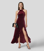 Halara - Rückenfreies Maxi-Partykleid aus Samt mit Schlitz,  Neckholder,  unsichtbarem Reißverschluss und Rüschensaum - Sangria - M