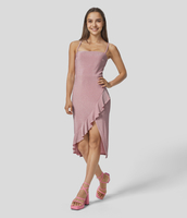 Halara - Rückenfreies Midi-Party-Trägerkleid mit überkreuztem Rücken,  asymmetrischem Rüschensaum und Metallic-Optik - Glitter Apricot Pink - XS