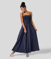 Halara - Rückenfreies,  plissiertes,  ausgestelltes Maxi-Flowy-Trägerkleid mit Seitentaschen - Patriot Blue - XS