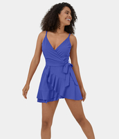 Halara - Rückenfreies,  ärmelloses 2-in-1-Mini-Rüschenkleid mit V-Ausschnitt und Seitentasche - Aster Blue - XS