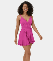Halara - Rückenfreies,  ärmelloses 2-in-1-Mini-Rüschenkleid mit V-Ausschnitt und Seitentasche - Fuchsia Fedora - XL