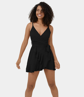 Halara - Rückenfreies,  ärmelloses 2-in-1-Mini-Rüschenkleid mit V-Ausschnitt und Seitentasche - Schwarz - XL