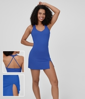 Halara - Rückenfreies,  ärmelloses A-Linien-Mini-Freizeitkleid mit V-Ausschnitt und Schlitz - Beaucoup Blue - XS