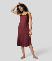 Halara - Rückenfreies,  satinartiges,  lässiges Midi-Trägerkleid mit gebogenem Saum - Burnt Russet - M