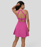 Halara - Rückenfreies,  verdrehtes,  ausgeschnittenes 2-in-1-Mini-Barre-Ballett-Tanzkleid mit Rundhalsausschnitt-längere Länge - Fuchsia Fedora - XL(Long)