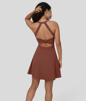 Halara - Rückenfreies,  verdrehtes,  ausgeschnittenes 2-in-1-Mini-Barre-Ballett-Tanzkleid mit Rundhalsausschnitt-längere Länge - Sequoia - XL(Long)