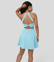 Halara - Rückenfreies,  verdrehtes,  ausgeschnittenes 2-in-1-Mini-Barre-Ballett-Tanzkleid mit Rundhalsausschnitt-längere Länge - Spun Sugar - M(Long)