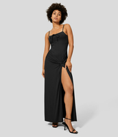 Halara - Rückenfreies,  verdrehtes Maxi-Freizeitkleid mit Kordelzug und hohem Schlitz - Schwarz - S