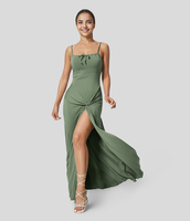 Halara - Rückenfreies,  verdrehtes Maxi-Freizeitkleid mit Kordelzug und hohem Schlitz - Watercress - L